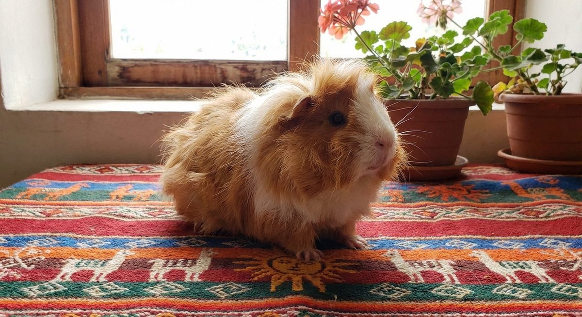 Cute guinea pig on colorful Peruvian textile